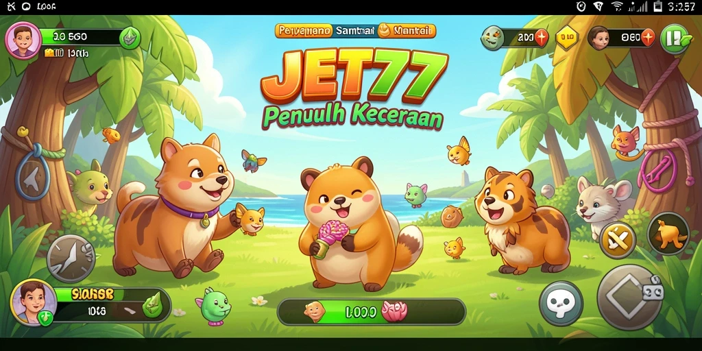 Screenshot gameplay <strong>JET77</strong> dengan karakter lucu dan lingkungan warna-warni.