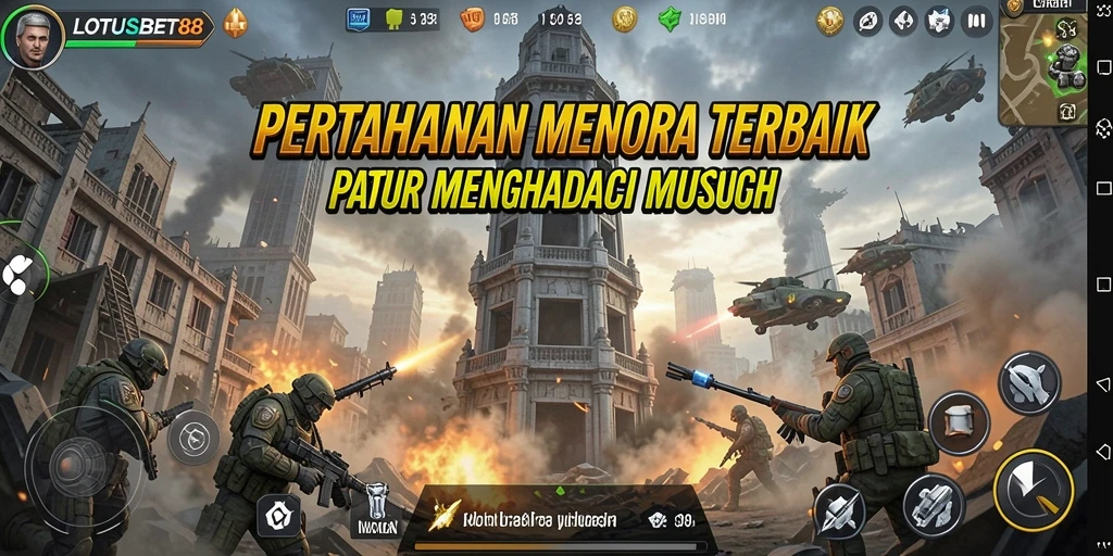 Screenshot LOTUSBET88 menampilkan aksi menara pertahanan melawan serangan musuh.