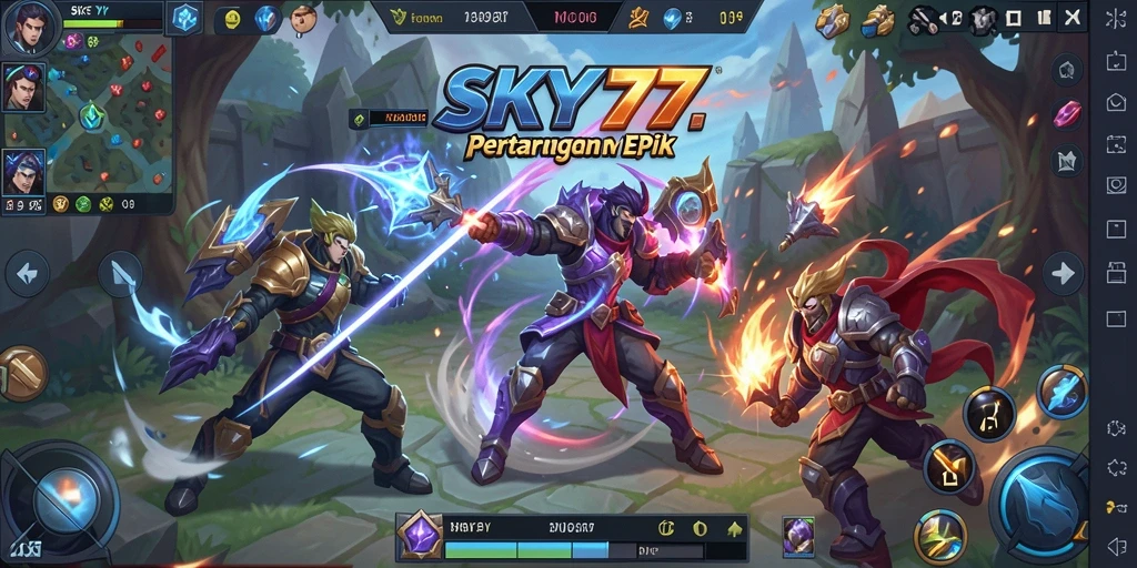 Gambar gameplay SKY77 dengan pertarungan seru antar pahlawan MOBA.